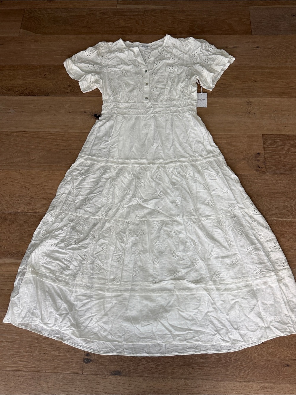 Women's White Eyelet Tiered Maxi Dress with Button Bodice